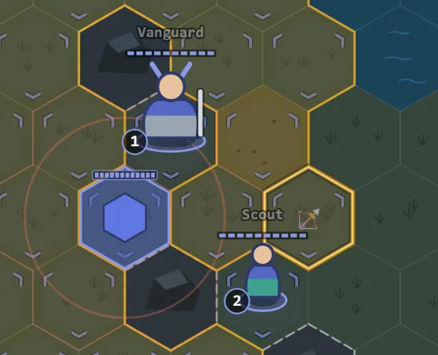 A Ranger held over a lit hex beside the blue base, with a Vanguard and a Scout already placed.
