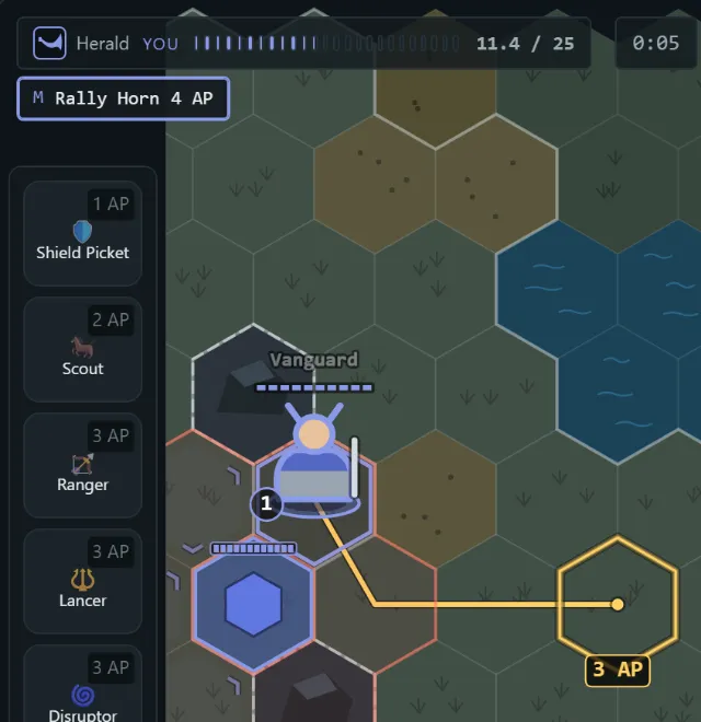 Your action points at the top, about half full, and a selected Vanguard's move to a hex marked 3 AP.
