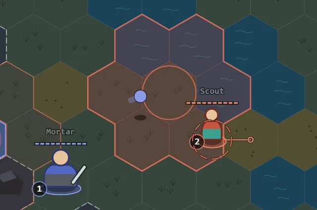 A Mortar's shell in the air over a red target area, and a red Scout walking out of it.