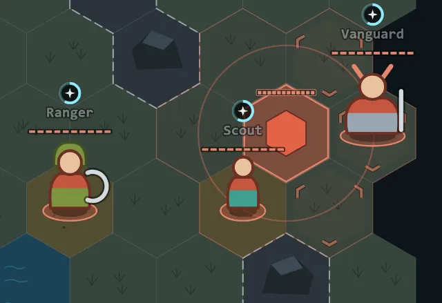 The red base with a red Ranger, Scout and Vanguard around it.