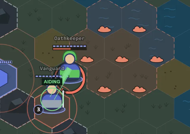 A blue Oathkeeper's AIDING tether to a blue Vanguard, beside red Pitch Ground marked with small clouds.